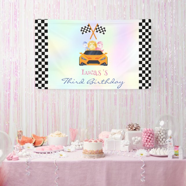 Lona Funny Dinosaur racing car boy kids Birthday fiesta (Fiesta)