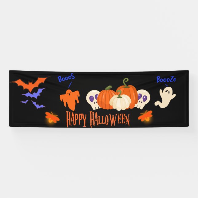 Lona Funny Halloween Banner Fall Pumpkin Ghosts Decorac (Horizontal)