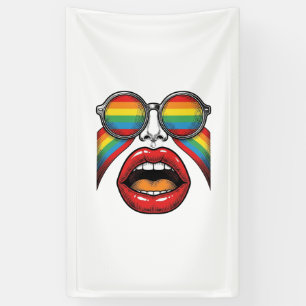 Lona Gafas de sol arcoíris retro cara labios diseño vec