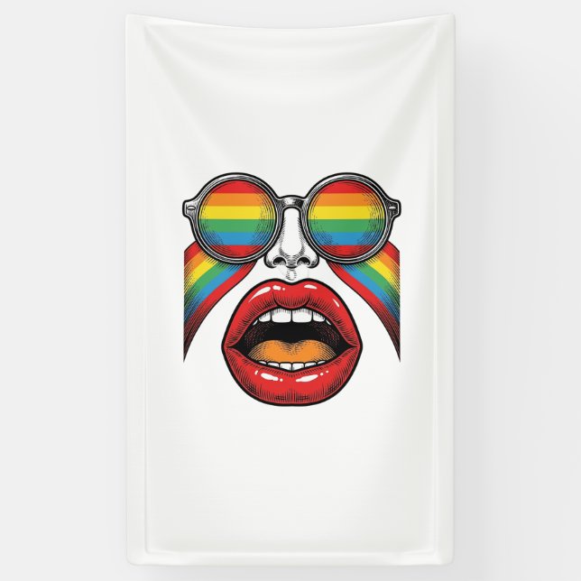 Lona Gafas de sol arcoíris retro cara labios diseño vec (Vertical)