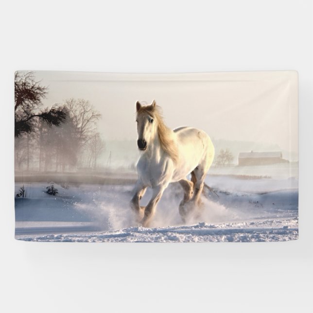 Lona Gallopaje de caballos blancos a través de la nieve (Horizontal)