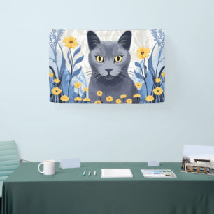 Lona Gato Azul Ruso Flores Amarillas