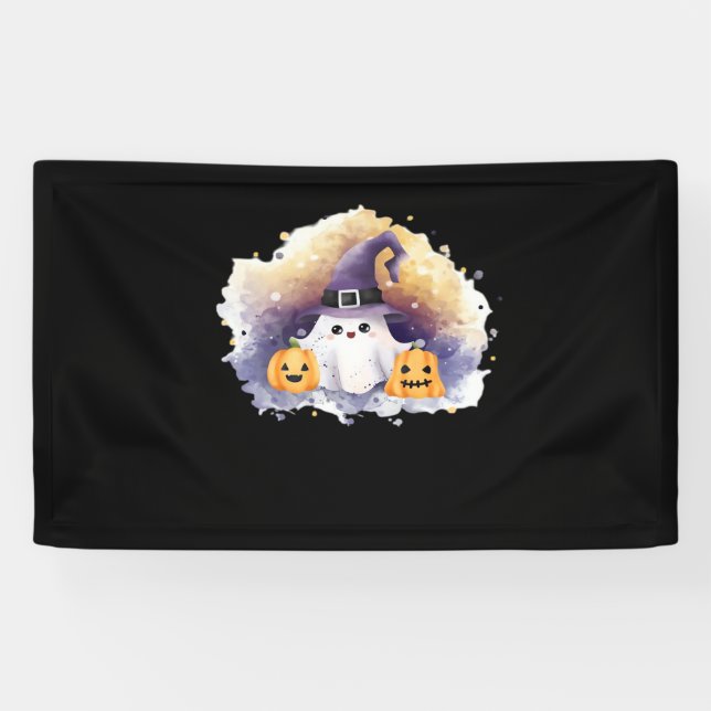 Lona Gato fantasma lindo con calabazas - Ar Halloween K (Horizontal)