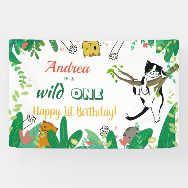 Lona Gato Gato Gatito Salvaje Invitación al primer cump (Horizontal)