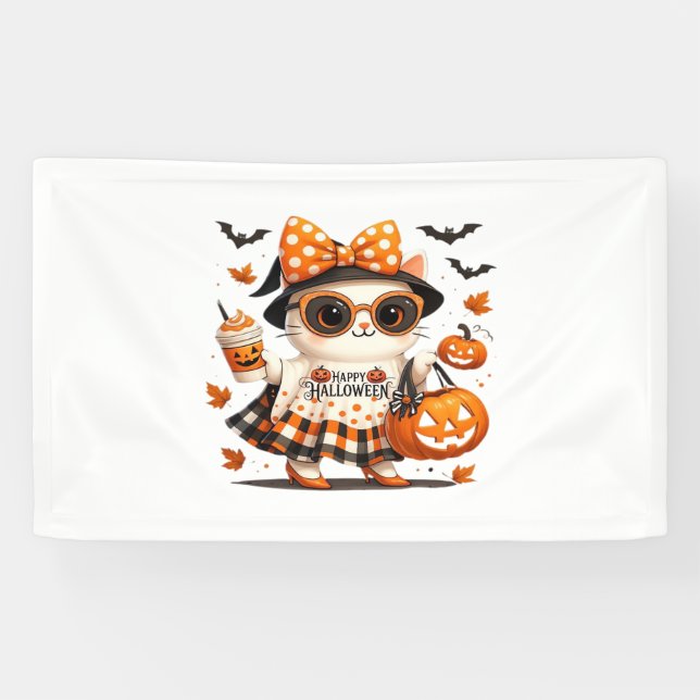 Lona Gato lindo de Halloween - Kawaii Bruja Kitty con b (Horizontal)