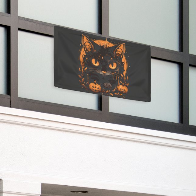 Lona Gato negro de Halloween con calabazas y luna (Edificio exterior)