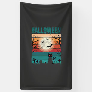 Lona Gato Negro De Halloween Luna Cementerio Retro Vect