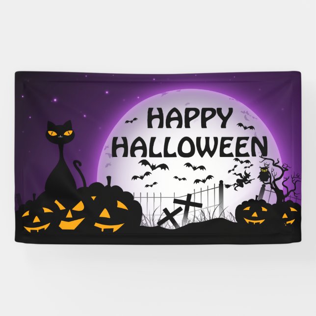 Lona Gato negro y Jack o Lanterns negro y púrpura (Horizontal)