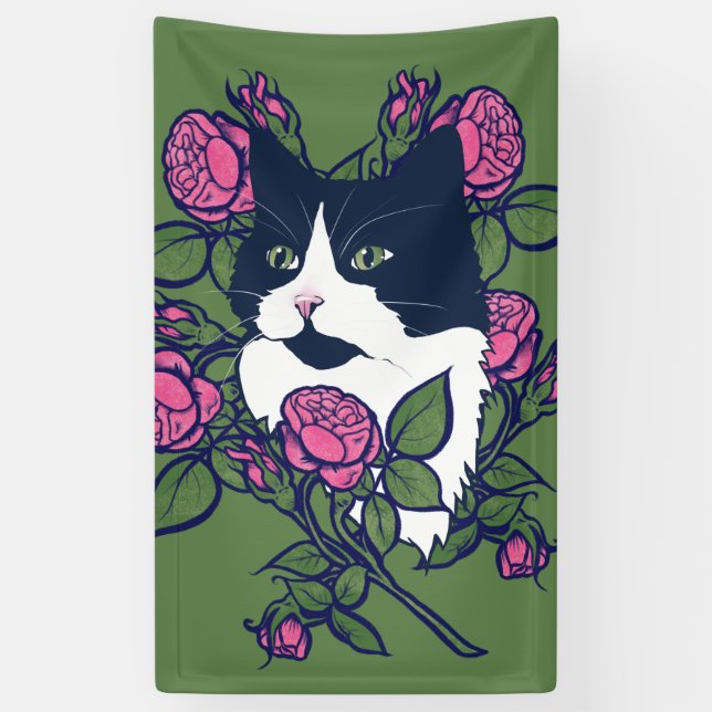 Lona Gato Tuxedo Peony Floral Art Tuxie Gatos (Vertical)
