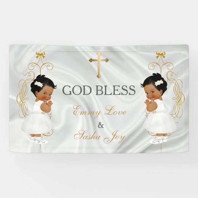 Lona Gemelas Bautizo Cristianas Oro Étnico (Horizontal)