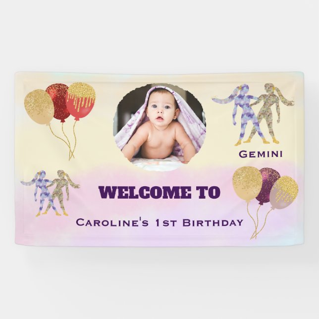 Lona Gemini Watercolor 1st Birthday Photo Sign (Horizontal)