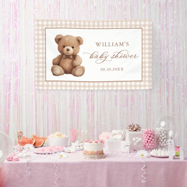 Lona Género Neutral Gingham Teddy Bear Baby Shower (Fiesta)
