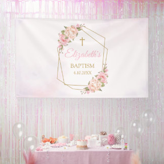 Lona Geometric Pink Floral Baptism Backdrop
