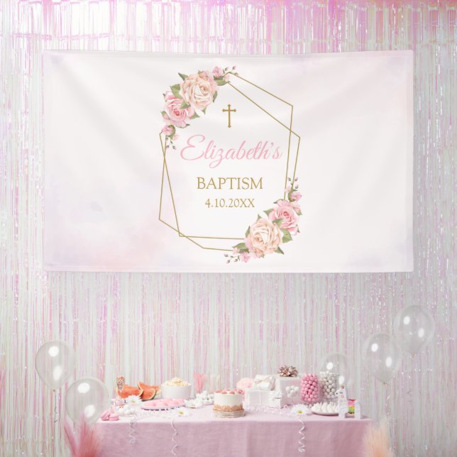 Lona Geometric Pink Floral Baptism Backdrop (Fiesta)