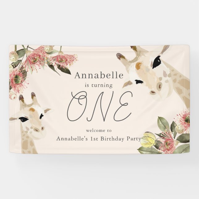 Lona Giraffe Pink Floral Girl 1st Birthday (Horizontal)
