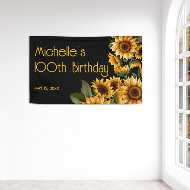 Lona Girasoles Cumpleaños 100 Rústico Elegante (Yellow sunflowers on black 100th birthday party banner)