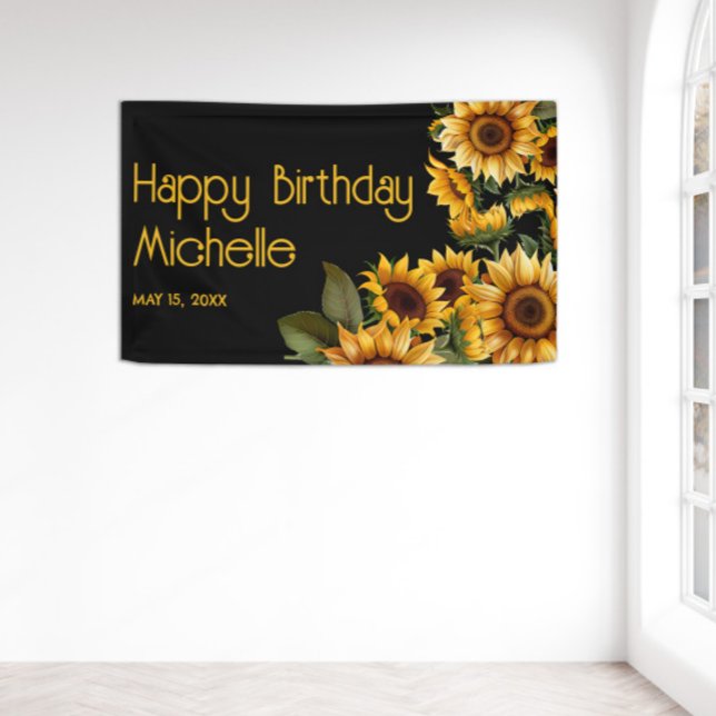 Lona Girasoles Cumpleaños Feliz Rústico Elegante (Yellow sunflowers on black custom birthday party banner)