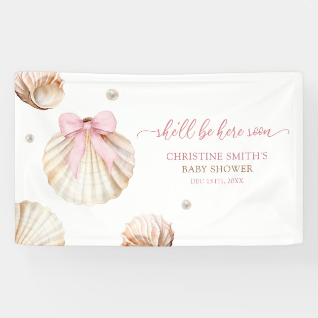 Lona Girl Pink Bow Shell Baby Shower Large Banner (Horizontal)