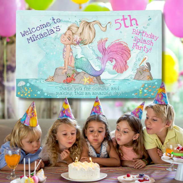 Lona Girly Blonde Turquoise Pink Mermaid Cumpleaños (Subido por el creador)
