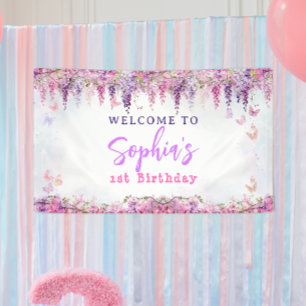 Lona Girly Floral Wisteria Niños Mariposa de Oro Cumple