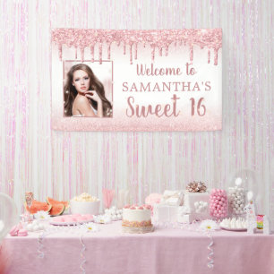 Lona Girly Sweet 16 Rosas de oro Purpurina Drip Photo
