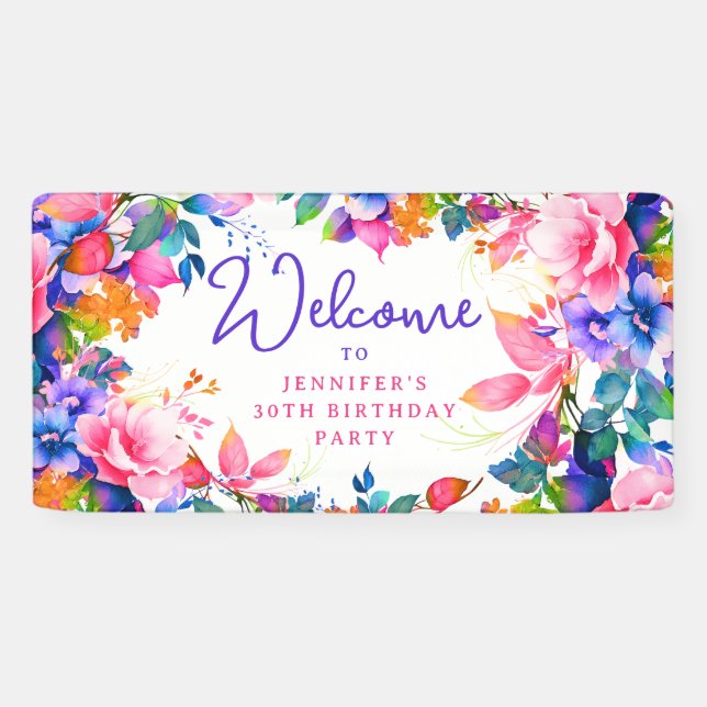 Lona Glam Garden Watercolor Floral 30 cumpleaños Fiesta (Horizontal)