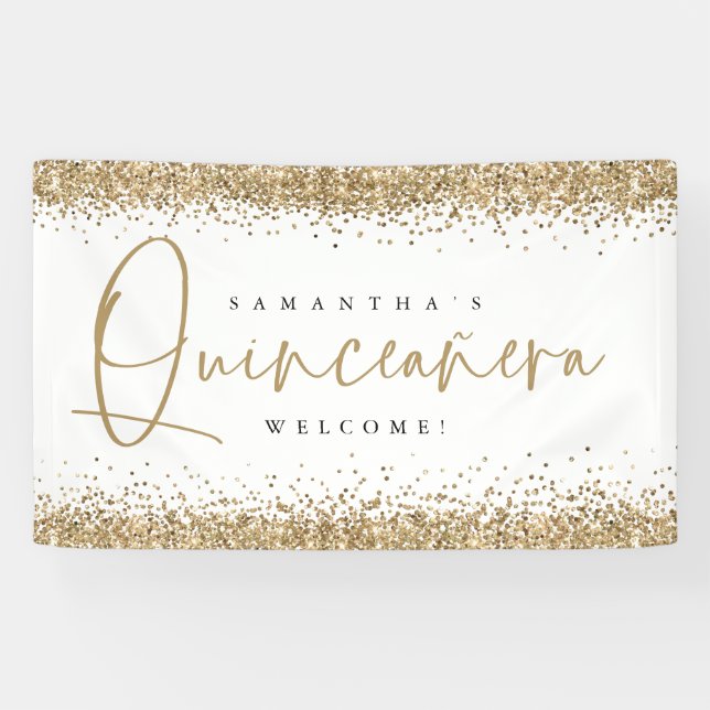 Lona Glam Gold Nombre Purpurina Bienvenida Quinceañera (Horizontal)
