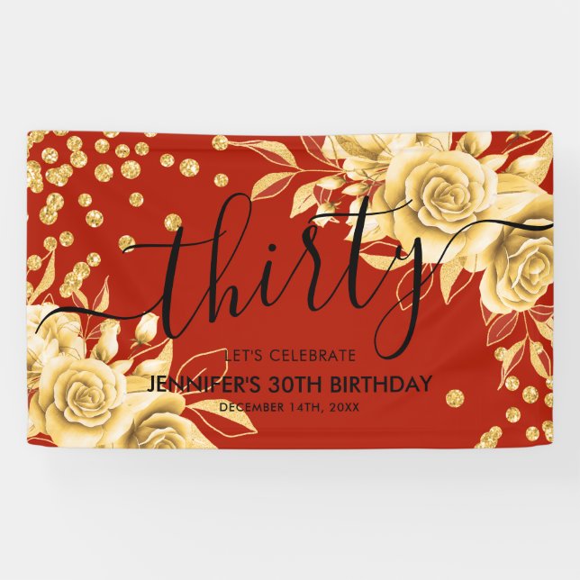 Lona Glam Gold Red Floral Purpurina 30th Birthday Scrip (Horizontal)