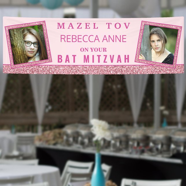 Lona Glam Moda Rosa 2 Foto Cumpleaños Bat Mitzvah (This Bat Mitzvah banner is easy to personalize with text and photos. Great for other Birthdays too!)