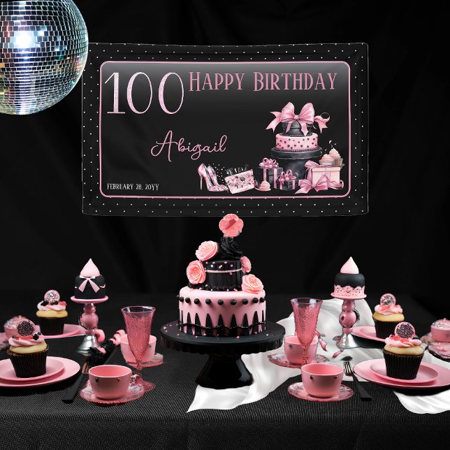 Lona Glam Pink Black Fashion 100th Birthday Party (Glam Pink and Black French Couture Fashion 100th Birthday Party Banner)