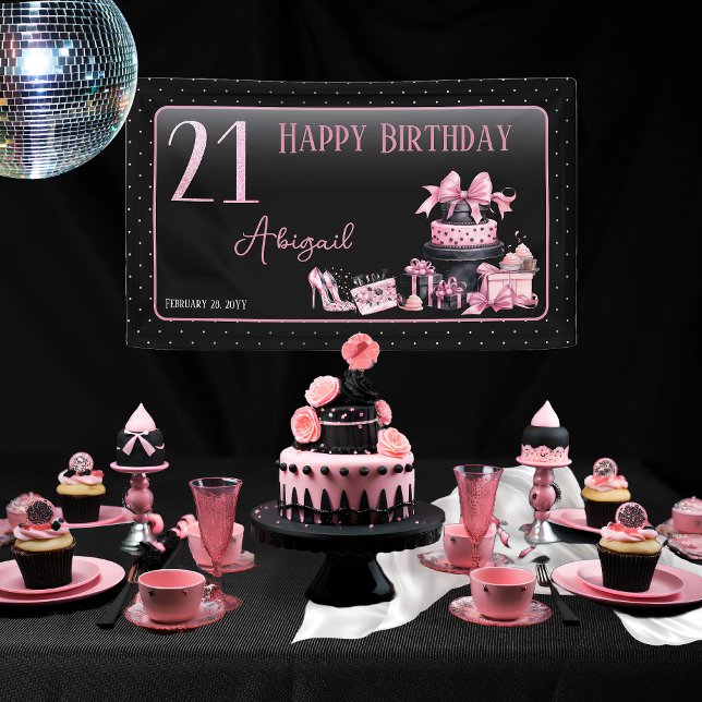 Lona Glam Pink Black Fashion 21st Birthday Fiesta (Glam Pink and Black French Couture Fashion 21st Birthday Party Banner)