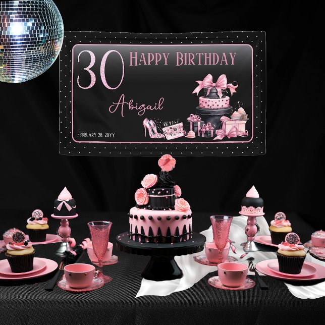 Lona Glam Pink Black Fashion 30° Fiesta de cumpleaños (Glam Pink and Black French Couture Fashion 30th Birthday Party Banner)