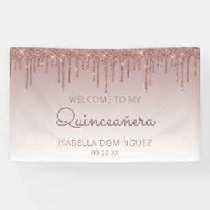 Lona Glam Rosa Dorado Brillo Goteo Quinceañera