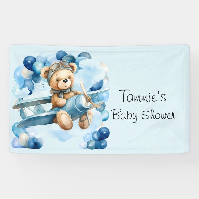 Lona Globo azul Teddy Bear Airplane Boy Baby Shower (Horizontal)