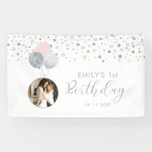 Globo rosa y plata primer cartel de foto de cumple