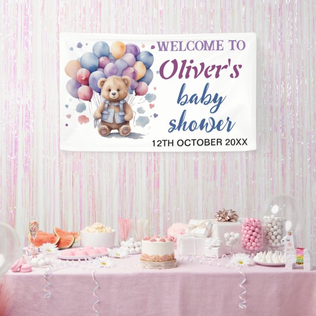 Lona globos azules osito de peluche bebé ducha (Fiesta)