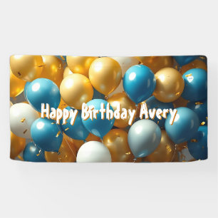 Lona Globos azules y dorados Cumpleaños personalizado
