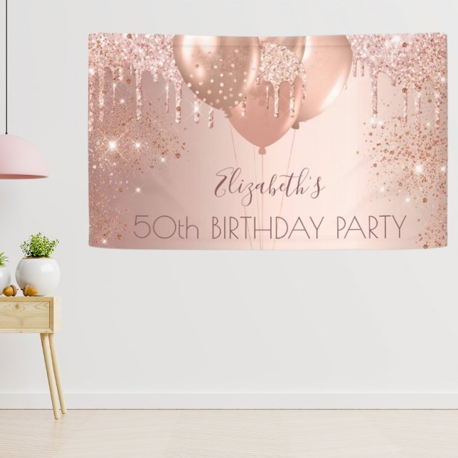Lona Globos de oro rosado de fiesta de cumpleaños rosa (Subido por el creador)