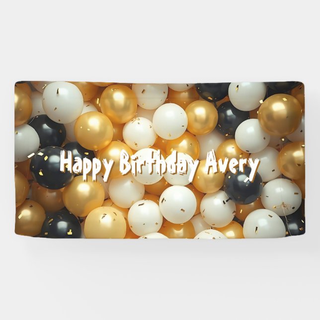 Lona Globos de oro y negro | Cumpleaños personalizado (Horizontal)