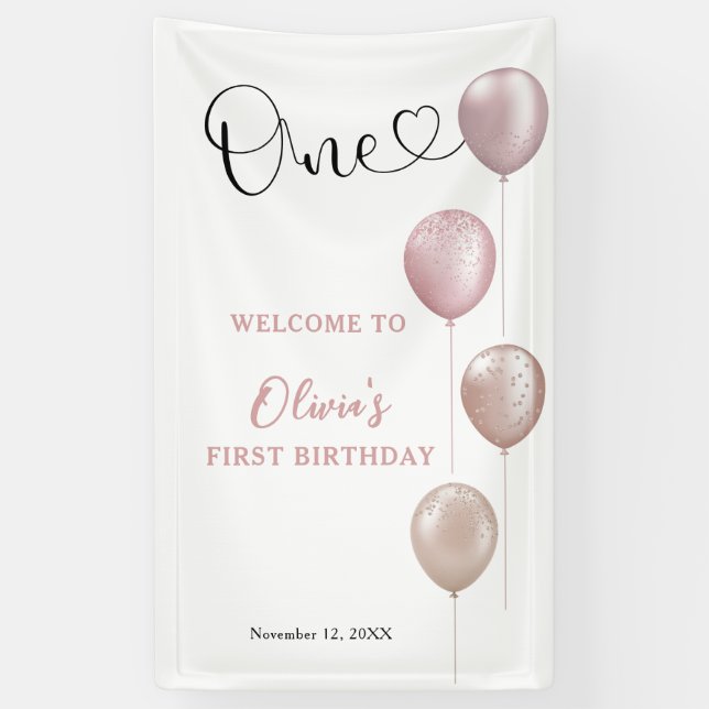 Lona Globos de Rubor Bienvenida Cumpleaños Primera Niña (Vertical)