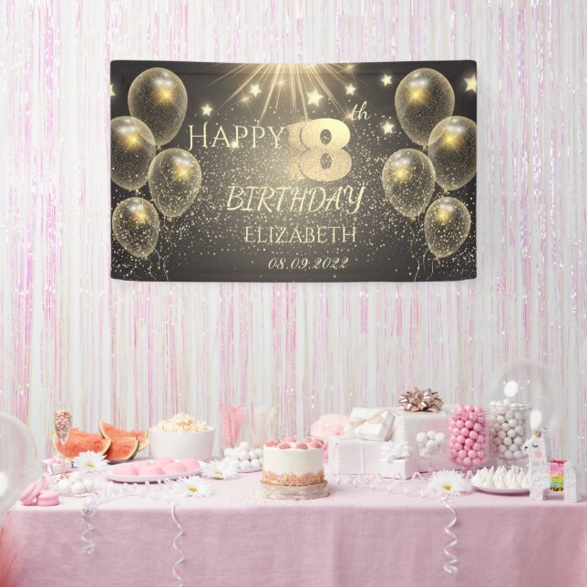 Lona Globos Dorados Elegantes con Estrellas Cumpleaños  (Fiesta)