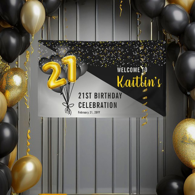 Lona Globos Elegante Negro | Fiesta del 21º cumpleaños  (Elegant Gold Balloon Numbers and Black Balloons "21" 21st Birthday Party Banner)
