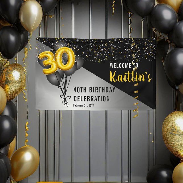 Lona Globos Elegante Negro | Oro 30.º Fiesta de cumplea (Elegant Gold Tone Balloon Numbers and Black Balloons Black, Gold, Silver 30th Birthday Party Banner)