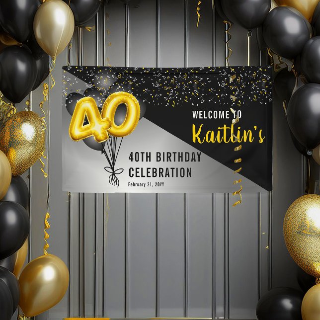 Lona Globos Elegante Negro | Oro 40.º Fiesta de cumplea (Elegant Gold Balloon Numbers and Black Balloons "40" 40th Birthday Party Banner)