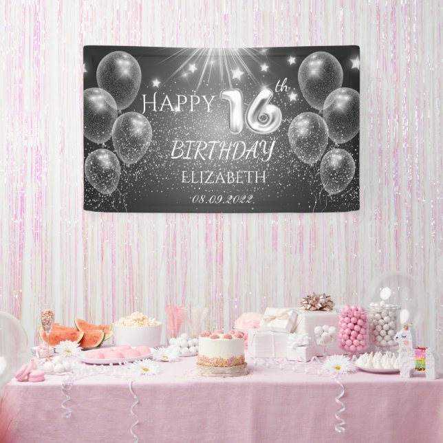Lona Globos Gris Chic Estrellas 16 Cumpleaños  (Fiesta)