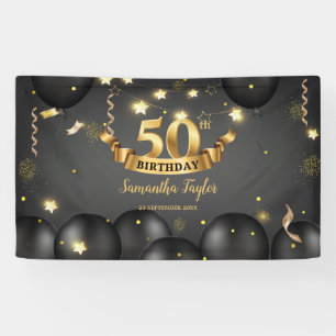 Lona Globos negros de oro estrellas fiesta de cumpleaño