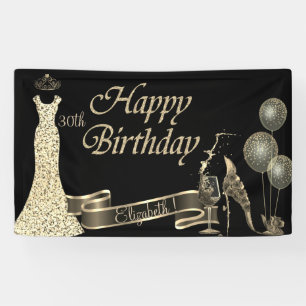 Lona Globos negros y dorados, vidrio, tacón, vestido de
