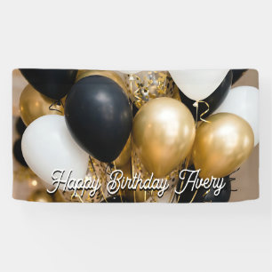 Lona Globos personalizados de cumpleaños feliz Black &