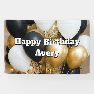 Lona Globos personalizados de cumpleaños feliz en negro