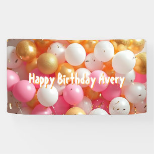 Lona Globos rosados y dorados   Cumpleaños personalizad